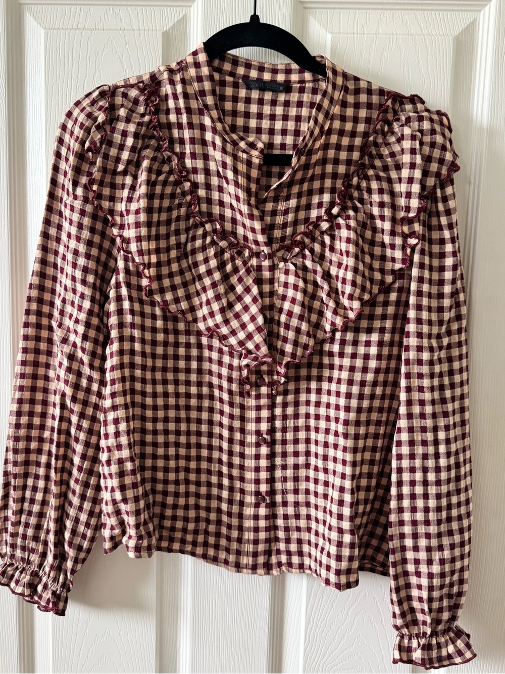 Zara Burgundy and Cream Gingham Ruffle Blouse